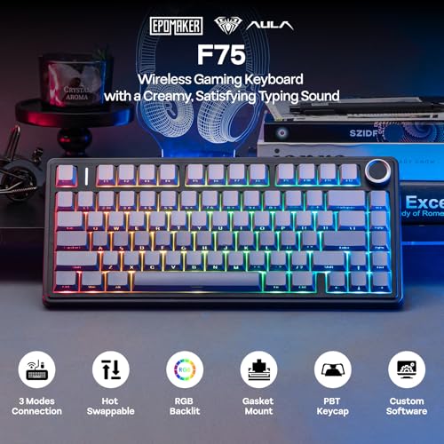 EPOMAKER x Aula F75 Gasket Mechanical Keyboard, 75% Wireless Hot Swappable Gaming Keyboard with Five-Layer Padding&Knob, BT/2.4GHz/USB-C, RGB (Black Gradient, LEOBOG Reaper Switch) - color: Black Gradient, size: LEOBOG Reaper Switch
