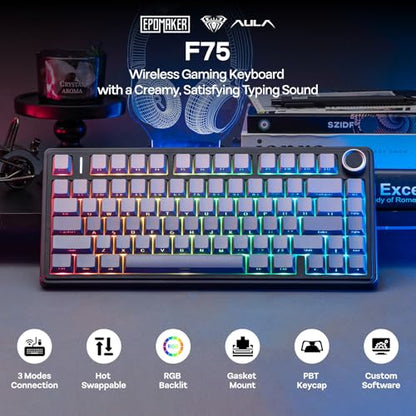 EPOMAKER x Aula F75 Gasket Mechanical Keyboard, 75% Wireless Hot Swappable Gaming Keyboard with Five-Layer Padding&Knob, BT/2.4GHz/USB-C, RGB (Black Gradient, LEOBOG Reaper Switch) - color: Black Gradient, size: LEOBOG Reaper Switch