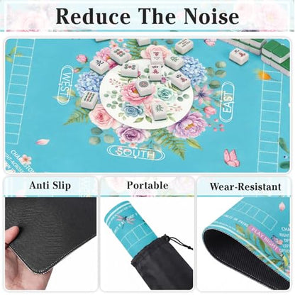 Britimes Mahjong Mat with Black Carrying Bag,31.5"x31.5", Floral Butterfly | Teal Non-Slip Noise Reduction Gaming Mat Rubber Multi Purpose Game Table Cover for Mahjong Card Dominoes Board Tile Games - color: Light Blue