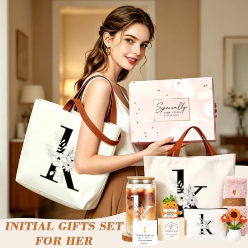 DHQH Birthday Gifts for Women, Monogrammed Gifts Box Included 16 oz Initial Glass Drinking Cup,Canvas Tote Bag, Personalized Iced Coffee Tumbler Gift for Women Her Mom Teacher Friends Sister, K - color: letter-cup-k