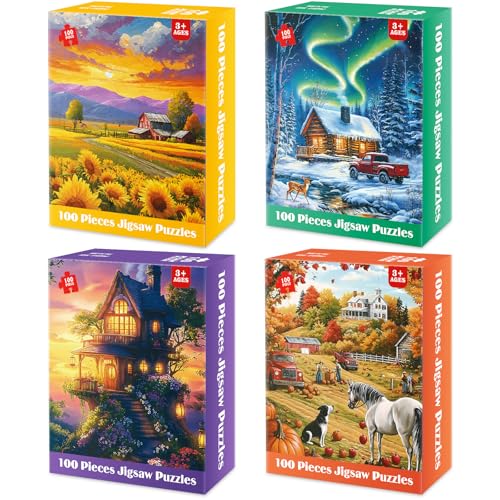 4 Packs 100 Piece Puzzles for Adults, 4 Themed Large Piece Puzzle | Seniors Jigsaw Puzzles for Kids Ages 6-8 8-10 Learning Educational Toys for Boys and Girls - style: Farm Snowy Auror Harvest Season