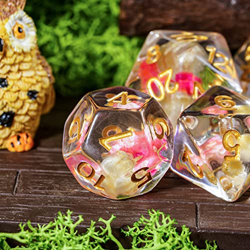Cusdie 7-Die DND Dice, Polyhedral Dice Set Filled with Flowers, for Role Playing Game D&D Dice (Rose/White w/Golden Numbers) - color: Rose/White W/Golden Numbers