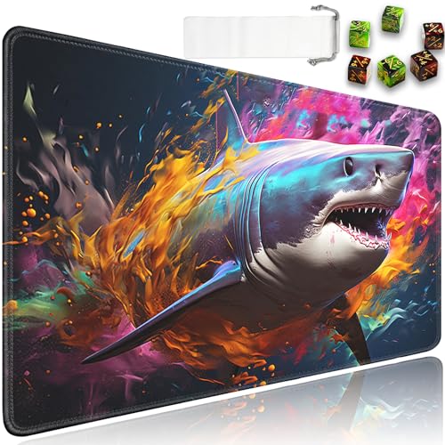 for MTG Playmat + Drawstring Travel Pouch + 6 Dice Counter, for Trading Card Game Playmats or Mouse Pad, Anti-Slip Rubber 24 x 14 in, Watercolor Sharks for TCG Playmat (No with Zone) - color: JV-Playmat-5-1-A18