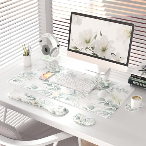 QIYI PU Leather Desk Mat Set, 4-in-1 Ergonomic Wrist Rest, Eucalyptus Leaf | Waterproof Large Mouse Pad 31.5×15.7 + Keyboard Wrist Rest + Mouse Wrist Support+Coaster, Non-Slip Office Gaming Accessories - color: Eucalyptus Leaf