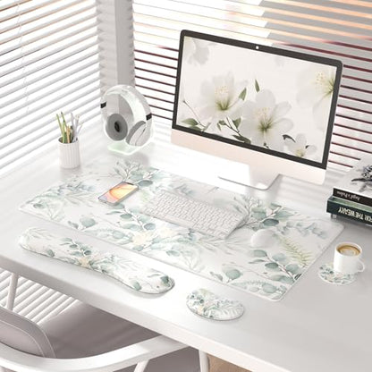 QIYI PU Leather Desk Mat Set, 4-in-1 Ergonomic Wrist Rest, Eucalyptus Leaf | Waterproof Large Mouse Pad 31.5×15.7 + Keyboard Wrist Rest + Mouse Wrist Support+Coaster, Non-Slip Office Gaming Accessories - color: Eucalyptus Leaf