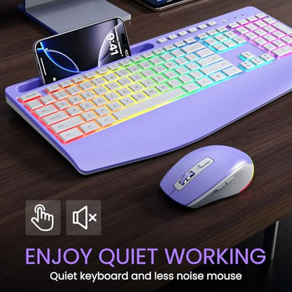 Wireless Keyboard and Mouse Combo- VEILZOR 2.4G Rechargeable Keyboard with Phone Holder, Ergonomic Wrist Rest, 9 RGB Backlit Effects, Silent Keyboard Mouse Set for Windows, Laptop, PC - color: Purple