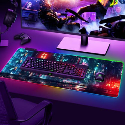 ARTSO RGB Gaming Mouse Pad Large, Extended Soft Led Mouse Pad with 14 Lighting Modes 2 Brightness, Water Resist Keyboard Pad, Computer Mousepads Mat 35.4x15.7inch, Night City - color: Night City