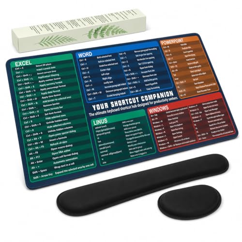Excel Cheat Sheet Desk Pad Set, 3-Piece Office Shortcut Mouse Pad with Keyboard Wrist Rest & Mouse Wrist Rest, Excel Word PowerPoint Windows Shortcut Mat for Accountants, Students, Carbon Black - color: Carbon Black, size: 35.5L x 15.8W inches