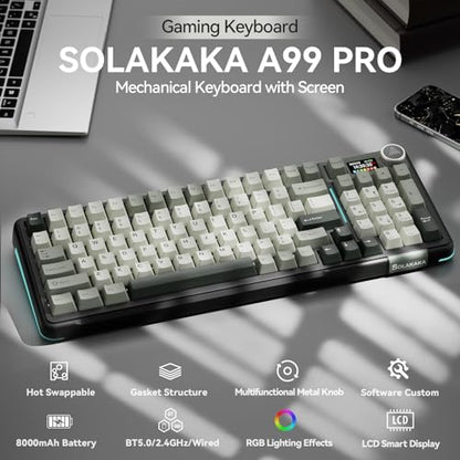 SOLAKAKA A99 Pro Wireless Mechanical Keyboard with LCD Screen & Metal Knob, 2.4GHz/BT5.0/USB-C, RGB Backlit Gaming Keyboard, Hot Swappable, Creamy Keyboard with Gasket Structure, for Win/Mac - color: Black Grey White