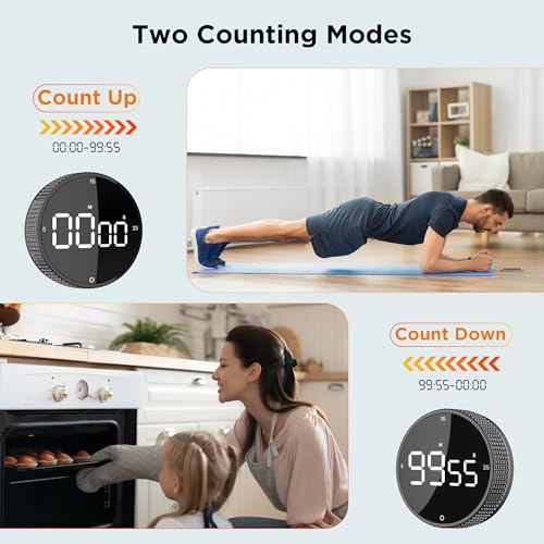 Digital Kitchen Timer - Magnetic Countdown Count Up Clock with Large LED Display, 5/15/25 Min Presets, 3 Volume Levels, Rotary Dial for Cooking, Productivity, Classroom, Fitness (1, Black) - color: Black