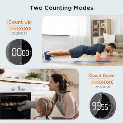 Digital Kitchen Timer - Magnetic Countdown Count Up Clock with Large LED Display, 5/15/25 Min Presets, 3 Volume Levels, Rotary Dial for Cooking, Productivity, Classroom, Fitness (1, Black) - color: Black