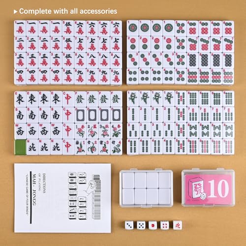 Chinese Green Small Mahjong Set with Carry Bag - 152 Melamine Tiles (144 Numbered + 8 Blank), 1.17" Size, Includes Instructions, Dices, Wind Indicator, Chips & Mahjong Mat (Majiang,中国麻将) - color: Green, size: 1.17 in