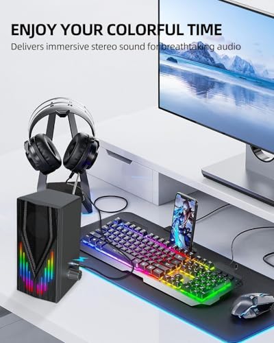 Uakinat Computer Speakers with 6 Colorful RGB Lights,USB Powered 3.5mm Aux with Loud Stereo Sound,Headphone-in for Desktop,PC/Laptop/Tablet Phone