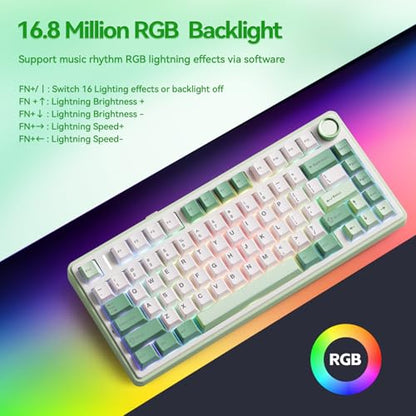Aula F75 Gaming Keyboard, 75% Wireless Keyboards RGB Backlit with Knob, Tri-Mode Hot Swappable Mechanical Keyboard for PC Gamer - Green - color: White Green
