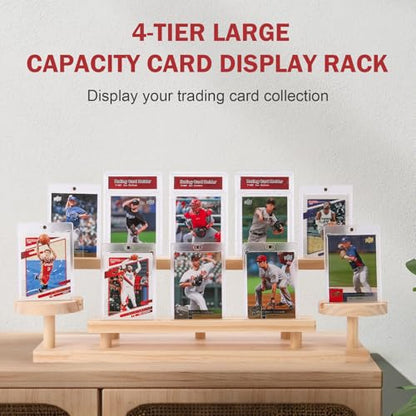 Wooden Trading Card Display Stand, 3-Tier Card Holder for Graded, Sports and TCG Cards, Tabletop Display Holder, Rustic Solid Wood Shelf Stand for Basketball Football Hockey(Wood Grain)