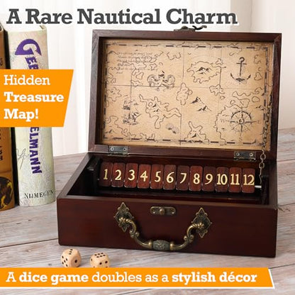 STERLING Games 12 Number Shut The Box Wooden Box Travel Case Nautical Theme Family Dice Game for Kids and Adults