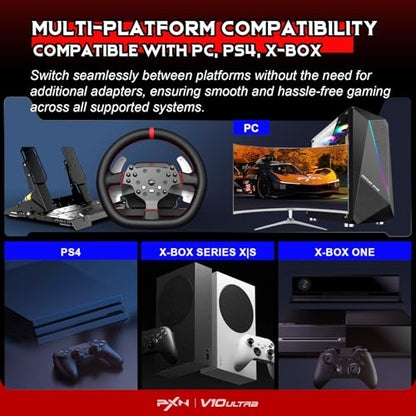 PXN V10 Ultra Direct Drive Racing Wheel & Pedals, 3.2Nm Force Feedback | 10.6'', 4 Paddle Shifters, Hall Effect 2-Pedal Set - Gaming Steering Wheel for Xbox Series X|S, Xbox One, PS4 & PC