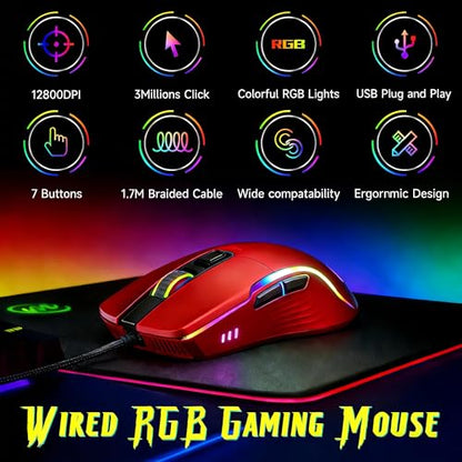 memzuoix Wired Gaming Mouse with RGB - 6 Adjustable DPI up to 12800, 6 Buttons, 12 Lighting Modes, Ergonomic Design with Anti-Slip Rubber Wheel, 5.6ft Braided Cable for PC/Mac/Windows - Red - color: red