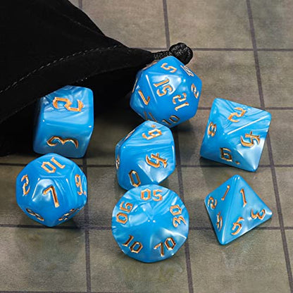 CiaraQ 7pcs Polyhedral Dice Set for Dungeon and Dragons MTG Table Games | Acrylic Role Playing Dice for D&D with Black Velvet Bag – Blue with Gold Numbers - color: Blue With Gold Numbers