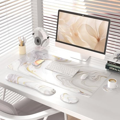 QIYI PU Leather Desk Mat Set, 4-in-1 Ergonomic Wrist Rest, White Marble | Waterproof Large Mouse Pad 31.5×15.7 + Keyboard Wrist Rest + Mouse Wrist Support+Coaster, Non-Slip Office Gaming Accessories - color: Gray White Marble