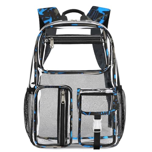 Large Clear Backpack Heavy Duty For Stadiums Events,16in TPU Blue BookBag | Large capacity See Through strong Plastic backpack Stitch Durable Design 6-Pocket For School carry Airport Quick Security - color: Blue