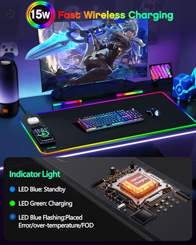 Magnetic Wireless Charging Mouse Pad Gaming, 31.5"x15.8" Large Desk Mat | RGB Mousepad, Smooth Glide, Stitched Edge, Non-Slip Rubber Base, Desk Pad Computer Keyboard Mat, with Adapter - color: RGB-Adatper