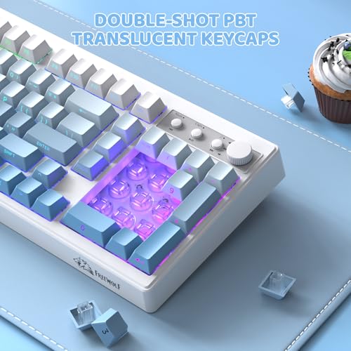 FREEWOLF K100 99 Keys Gaming Membrane Wireless Keyboard with Media Knob,Tri-Mode BT/2.4GHz/USB-C,Side Printed Keys RGB Backlit Retro Cute Creamy Silent Computer Keyboard for MAC PC- Gradient Blue - color: Gradient Blue