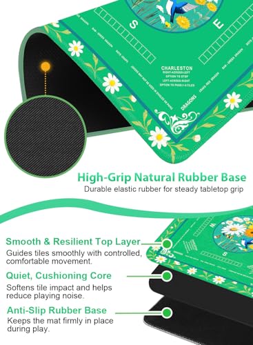 Crease-Free Mahjong Learning Mat 33.1" x 33.1", American Mah Jongg Mat with Rules, Quiet Non-Slip Large Mahjong Table Cover, Floral Gaming Mats for Mahjong, Poker, Dominoes & Board Games (Fresh Green) - color: Fresh Green