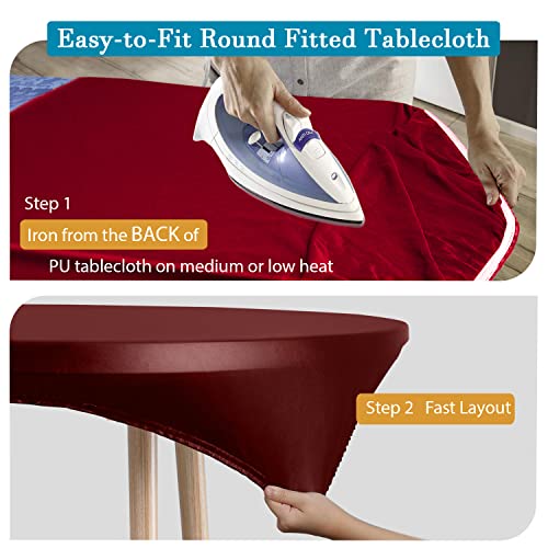 Double Design PU Round Tablecloth, Anti-Tear Wipeable Elastic Round Tablecloth, Soft-Touch Fitted Table Cloth, Waterproof Oil-Proof Table Cover (Burgundy, 49"-52" Round) - color: Burgundy, size: 51" (Round)