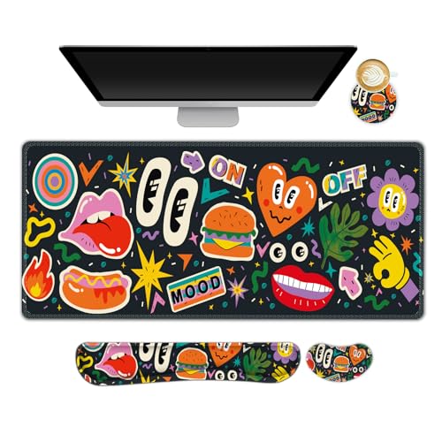 Large Gaming Mouse Pad Set, 4 in 1 Extended Keyboard Desk Mat with Wrist Rest, Computer Game Mousepad, Non-Slip Desk Pad Protector Easy Typing Pain Relief for Home Office I Cartoon Heat Lips - color: Cartoon Heat Lips