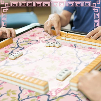 Chinoiserie Mahjong Mat with 1 Carrying Bag 31.5 x 31.5 Pink and White Rubber Anti Slip and Noise Reduction Multi Purpose Game Table Cover for Mahjong, Card, Board Tile Games - color: Pink and Green