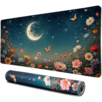 Vimorco Waterproof Mouse Pad,31.5 x 15.7 inch,Black Moon Flowers Desk Pad | XXL Large Mouse Extended Gaming Mousepad with Anti-Slip Rubber Base,Computer Laptop Keyboard Mouse Mat for Work,Game,Office - color: Black Moon Flowers