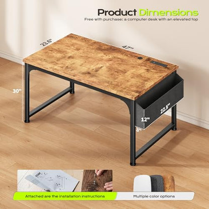 DurayLoly 47" Study Computer Desk with Thicken Frame, RGB LED&Power Outlets | 24" Widened Desktop,Detachable Stand, Hooks & Storage Bag, 110LBS Capacity, Home Office Desk, Brown - color: Brown, size: 47 Inch