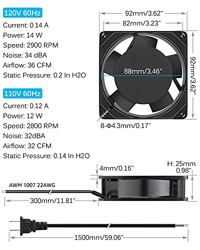 GDSTIME AXIAL 9225 Muffin Fan, 120V AC 92mm x 25mm, Dual Ball Bearing | 110V 115V, 120x120x25mm, Aluminum Frame, High Speed, for Freezer Compressor, Electronics Cabinet Cooling Ventilation Exhaust - size: 92x92x25mm