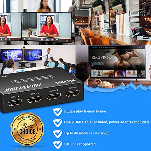 HDMI Splitter 1 in 4 Out 4K 4 Port HDMI Splitter Powered Video Splitter 4 Outputs w/HDMI Cord+ AC Adapter Duplicate/Mirror Screens for Fire Stick/Roku/DirecTV/Cable Box/Security Cameras - size: Splitter 1x4 4K@30Hz