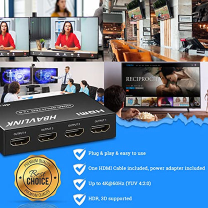 HDMI Splitter 1 in 4 Out 4K 4 Port HDMI Splitter Powered Video Splitter 4 Outputs w/HDMI Cord+ AC Adapter Duplicate/Mirror Screens for Fire Stick/Roku/DirecTV/Cable Box/Security Cameras - size: Splitter 1x4 4K@30Hz