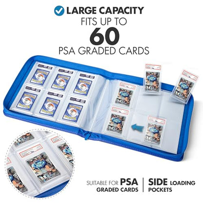 FunGuys Graded Card Binder, 60 PSA Slab Holder, 6 Pocket Graded Card Storage, Slab Binder, PSA Card Graded Display Case Album, Zipper, MTG Card Collection Binder - color: Black and Blue