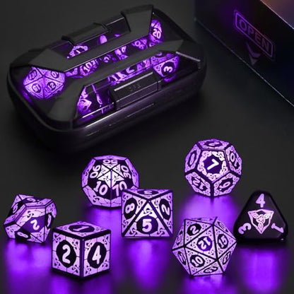 LED DND Dice Set, Light up Dice Rechargeable for RPG DM Gifts, Purple | ZHOORQI D and D Polyhedral Dice with Charging Box, Glow in The Dark Dice Easy Reading for Dungeons and Dragons TTRPG - color: Purple-shackles