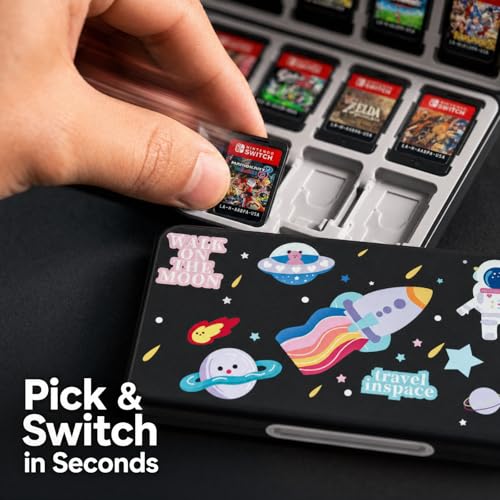 NANANINO Switch Game Case 24 Slots, Hard Shell Game Card Holder with Magnetic Closure, Portable Waterproof Switch Game Storage for Switch OLED, Lite & Switch 2 Travel Carry - color: Astronaut
