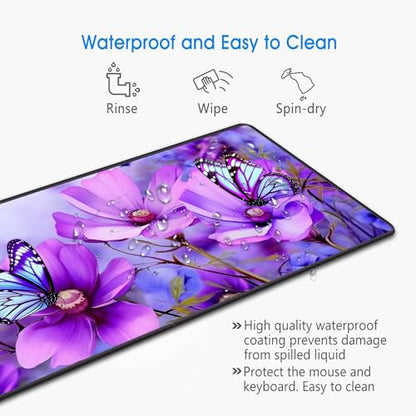 Desk Pad Mat Gaming Mouse Pads with Coasters,Stitched Edges Design Mouse Pad XXL Large Mouse Pad for Laptop Computers Purple Flowers and Butterflies Desk Writing Mat for Office & Home - color: Purple Flowers and Butterflies