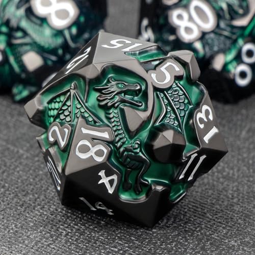 Roycevon Relief Dragon DND Dice Set for Role Playing Game, 7Pcs Metal D&D Dice Set Dungeons Dragons with Gift Box, Polyhedral D and D Dice D20 D12 D10 D8 D6 D4, Green and White - color: Green and White