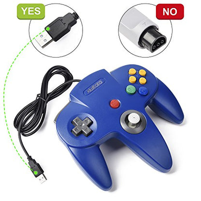 KIWITATA 2 Pack N64 USB Controller for PC Games, Classic N64 Wired Bit Emulator Gaming Pad Joystick Controller for Windows XP/7/8/10 & Mac & RetroPie Blue - color: Blue