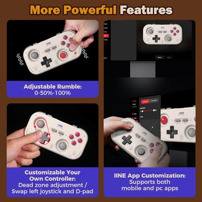 IINE Retro Pocket Game Controller with Hall Effect Joysticks, Switch 1 & 2 Compatible, Wireless Gamepad for Steam Deck, PC, Android, iOS, Customizable D-Pad, Vibration & Motion Control (Grey) - color: Grey