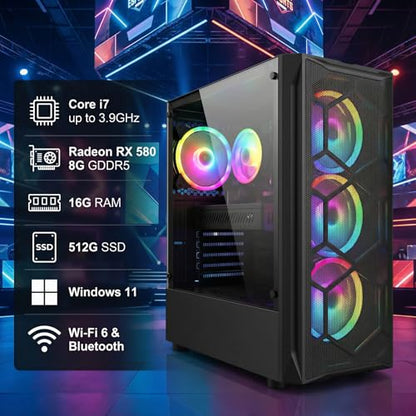 STGAubron Gaming PC Desktop,Core I7,RX 580 8G,16G RAM,512G SSD | Gaming Computer Tower for Streaming,Video Editing,Home,School,I7 up to 3.9GHz,ARGB Fan,WiFi 6,BT 5.0,4K DP,HDMI,Win11 Home