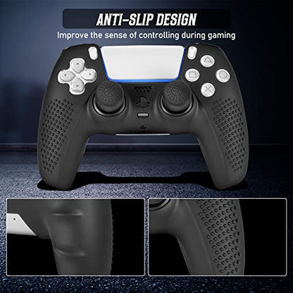 PS5 Controller Skin, Anti-Slip Soft Silicone Protective Cover Case for PlayStation 5 Controller Grip Accessories, 2 Pack with 8 x Thumb Grip Caps (Black&Black) - color: Black&Black