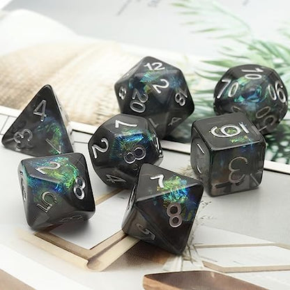 Haxtec Black DND Dice Set, 7 Pcs Iridescent Resin Polyhedral RPG Dice | Role Playing Games Dice with Velvet Pouch, Rounded Edge, Compatible with Dungeons and Dragons, Gifts for D&D Lovers - color: Black Green Silver