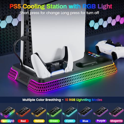 PS 5 Cooling Station, PS5/Slim/Pro Stand with Dual Charging Station for PlayStation5PRO, PS 5 Accessories Kits, Vertical Stand with 3 Levels Cooling Fan, Headset Holder for PlayStation5Digital/Disc - color: Piano-Black
