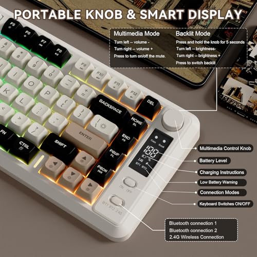 ZIYOU LANG M75 Wireless Gaming Keyboard, RGB Backlit Rechargeable 2000mAh Battery, Small Membrane But Mechanical Feel Keyboard with Smart Display & Knob, PBT Gradient keycaps for PC, MAC - Cheese - color: Cheese