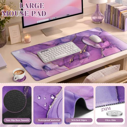 iCasso Purple Ergonomic Large Mouse Pad with Wrist Support, 4in1 XXL Desk Mat Set- Keyboard Wrist Rest + Mouse Wrist Rest + Coaster, Marble Style Desk Pad Mousepad - color: 1-Purple Marble