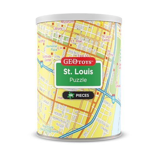 Geotoys St. Louis Mini City Puzzle - 100 Piece Puzzles for Kids and Adults in Portable Can, 13" x 10" Educational Travel Puzzle for Ages 7 and Up - Mini Puzzles to Learn & Explore Geography - style: St. Louis